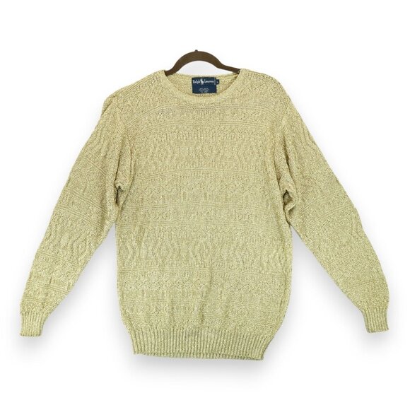 Vintage 90s Ralph Lauren Women's Gold Metallic Knit Crewneck Sweater Large - Picture 1 of 5